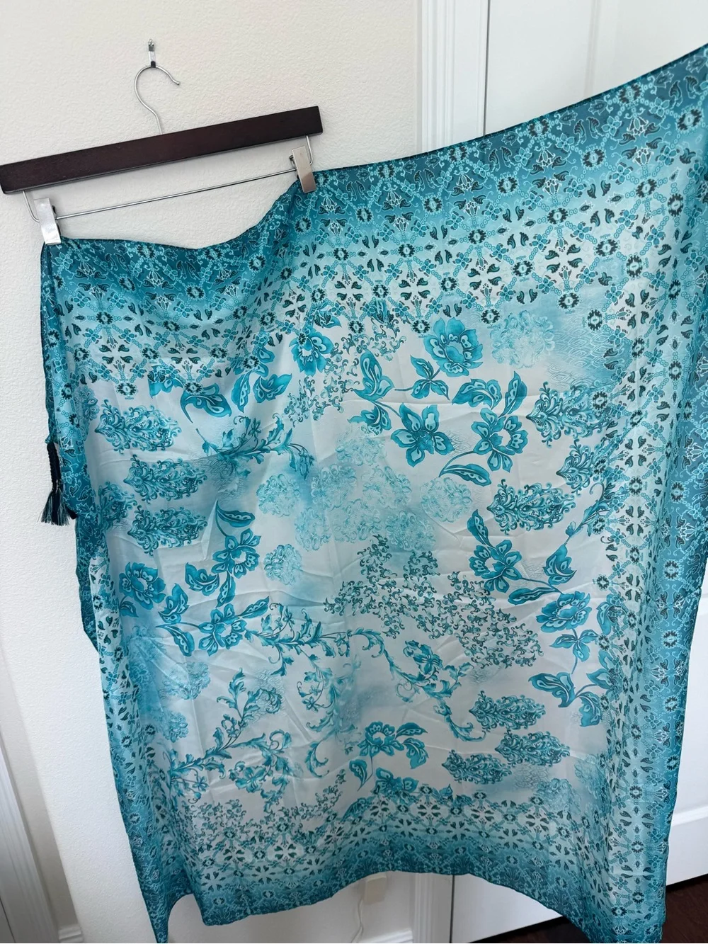 Johnny Was 100% Silk Teal Patterned Scarf with Tassels